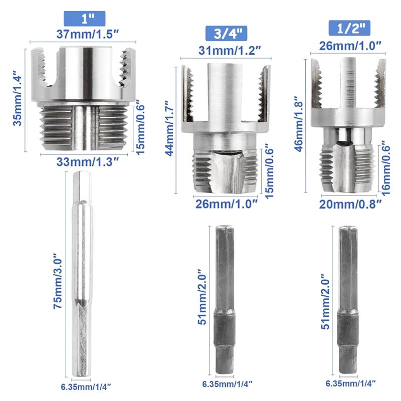 

3PC Silver Carbon Steel Heavy-Duty PVC/Plastic Pipe Threading Tool Kit 1/2 3/4 1 Male & Female Threads For PVC PPR MPP Pipes