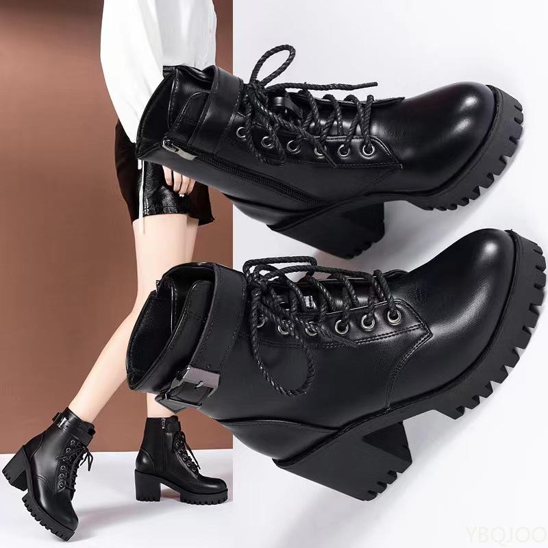 Large Size Autumn Fashion New Classic Black Belt Buckle Women's Boots Thick Heel Thick Sole Lace Up Women's Short Boots