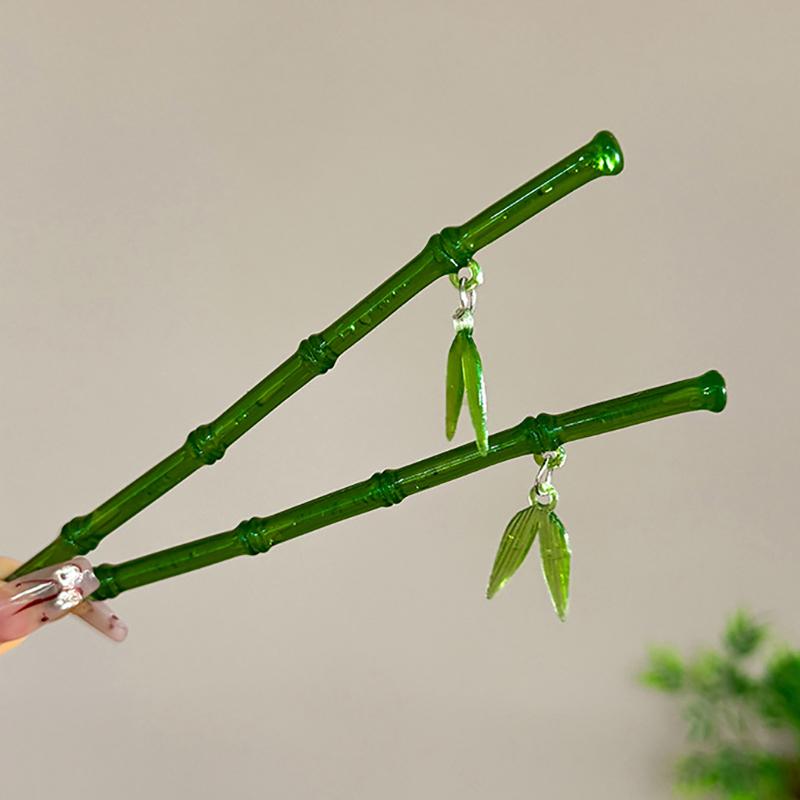 2024 New Chinese Style Green Plastic Bamboo Leaf Hair Stick For Women Girls Vintage Acrylic Chopstick Hairpin Hair Accessories