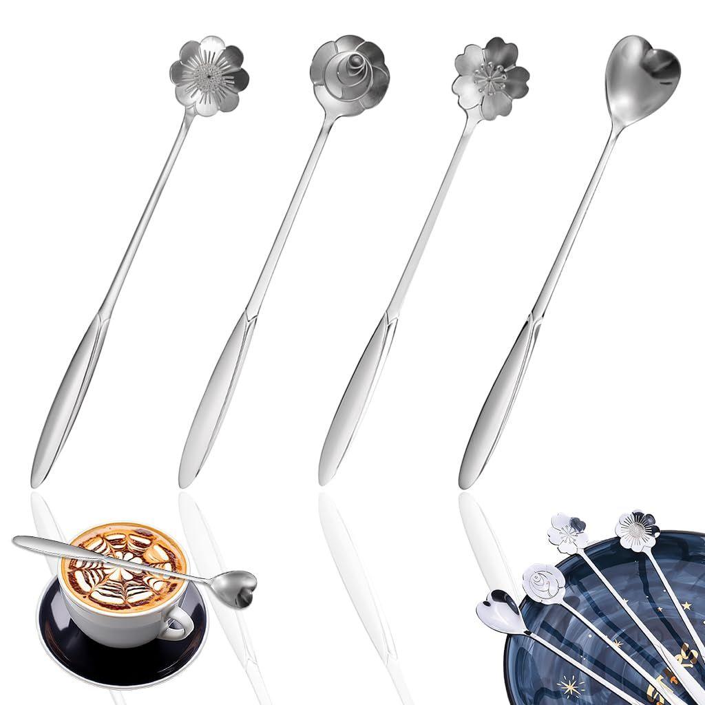 4 Pcs Silver Stainless Steel Coffee Spoon Set, 18cm Gold Flower Design, Multipurpose Tableware Tea, Desserts, and Gifting