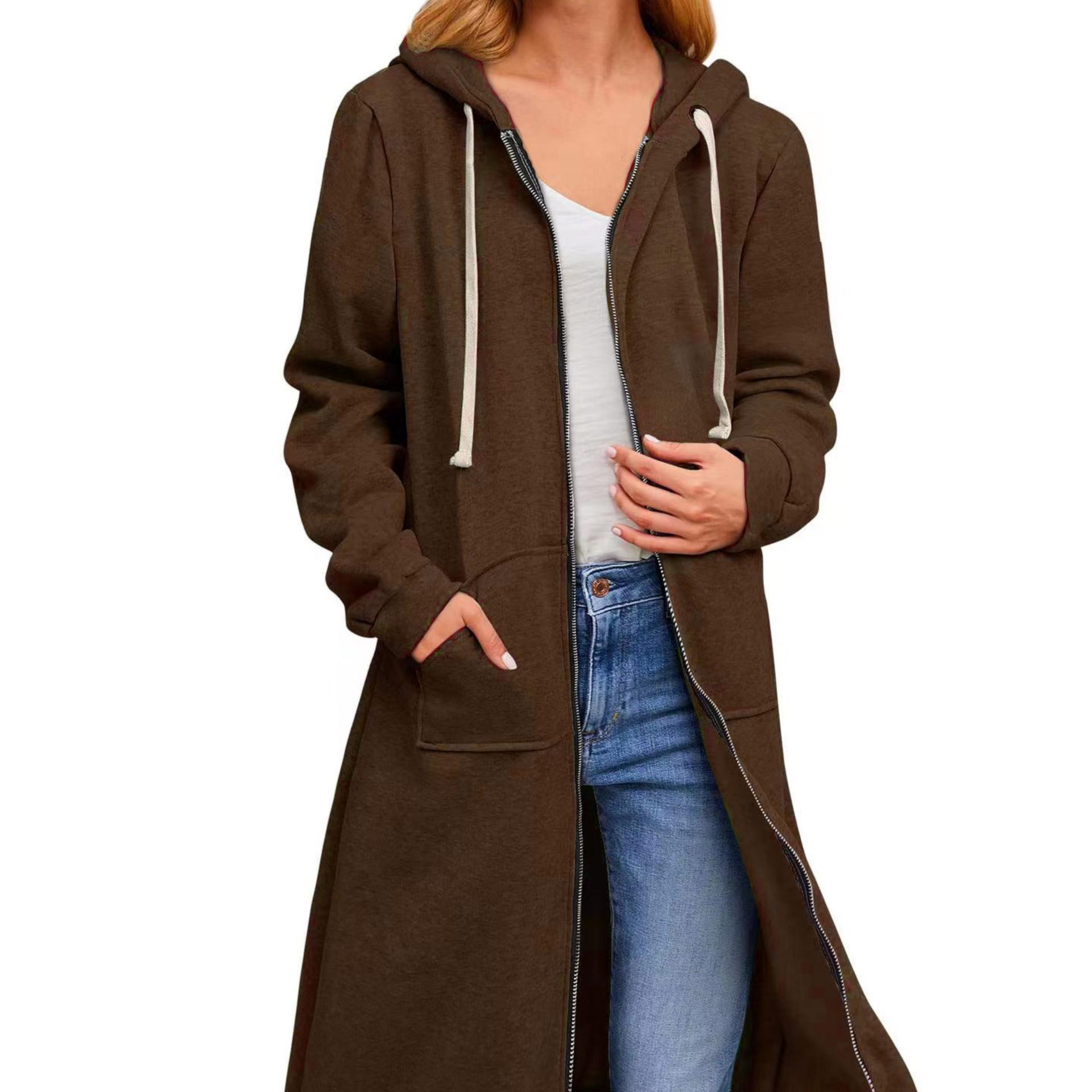 

Осенне-зимнее женское свободное длинное пальто-кардиган на молнии M темно-коричневого