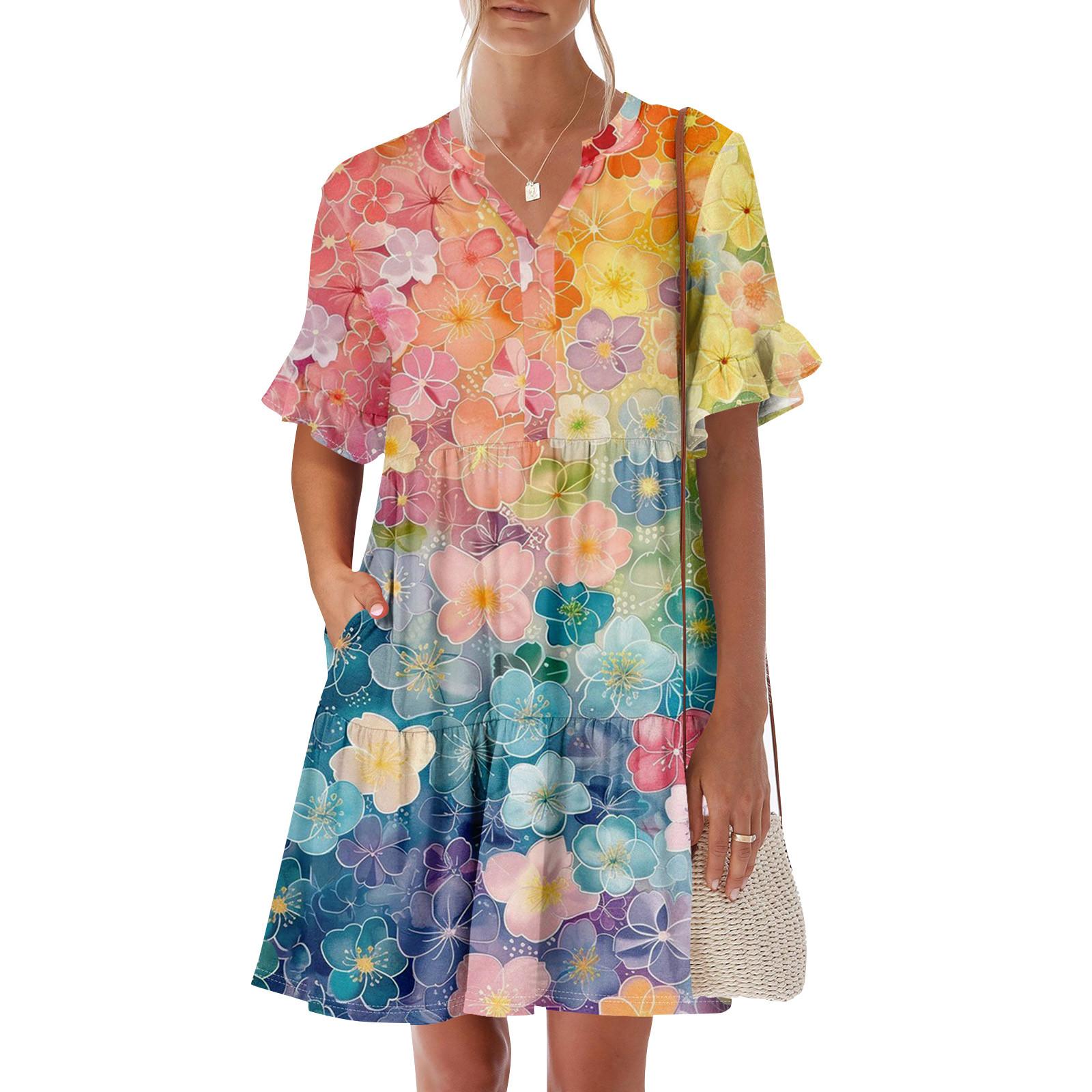 

Жіноча літня сукня з коротким рукавом, V-подібним вирізом, короткі сукні, мода, повсякденний, квітковий, бохо, рюшами, трапецієподібний, свінг-сарафан з кишенями XL жовтий