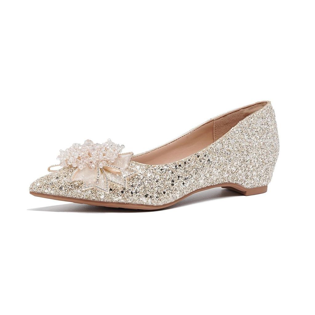 Champagne sequins heightening single shoes show and main wedding dress two wear French bridal shoes can be worn daily bridesmaid shoes