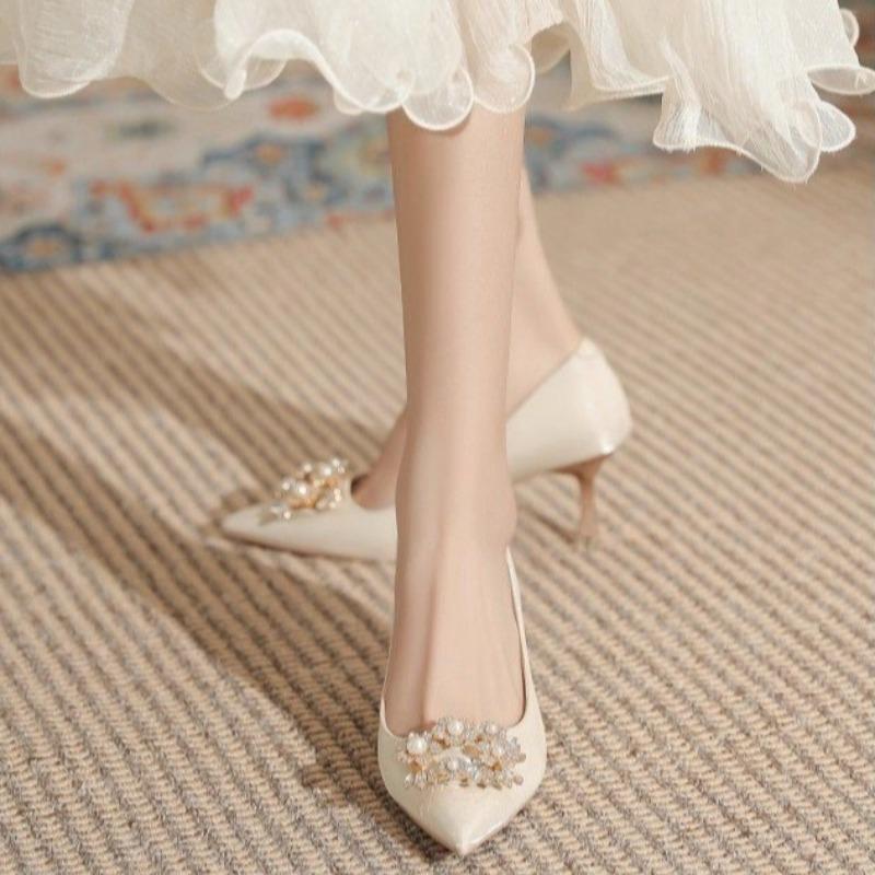 Rhinestone High Heel Wedding Shoes Women Fall Winter 2026 Satin Dress Square Button Single Shoes