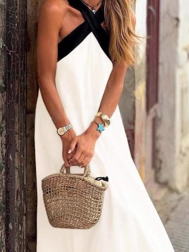 INS Home Casual Loose Shoulder Patchwork Sleeveless Women's Fashion Summer Dress