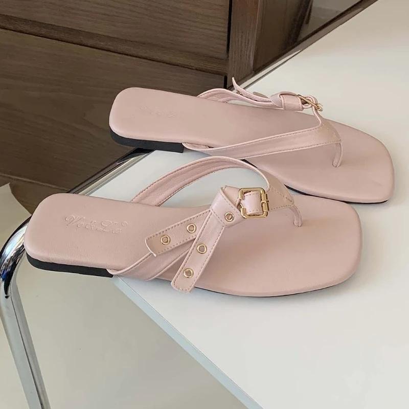 Fashion Fashion Square Toe Belt Buckle Flat Slippers Women Summer Sexy Clip Toe Flip-flops Comfortable Non-slip Vacation Beach Sandals