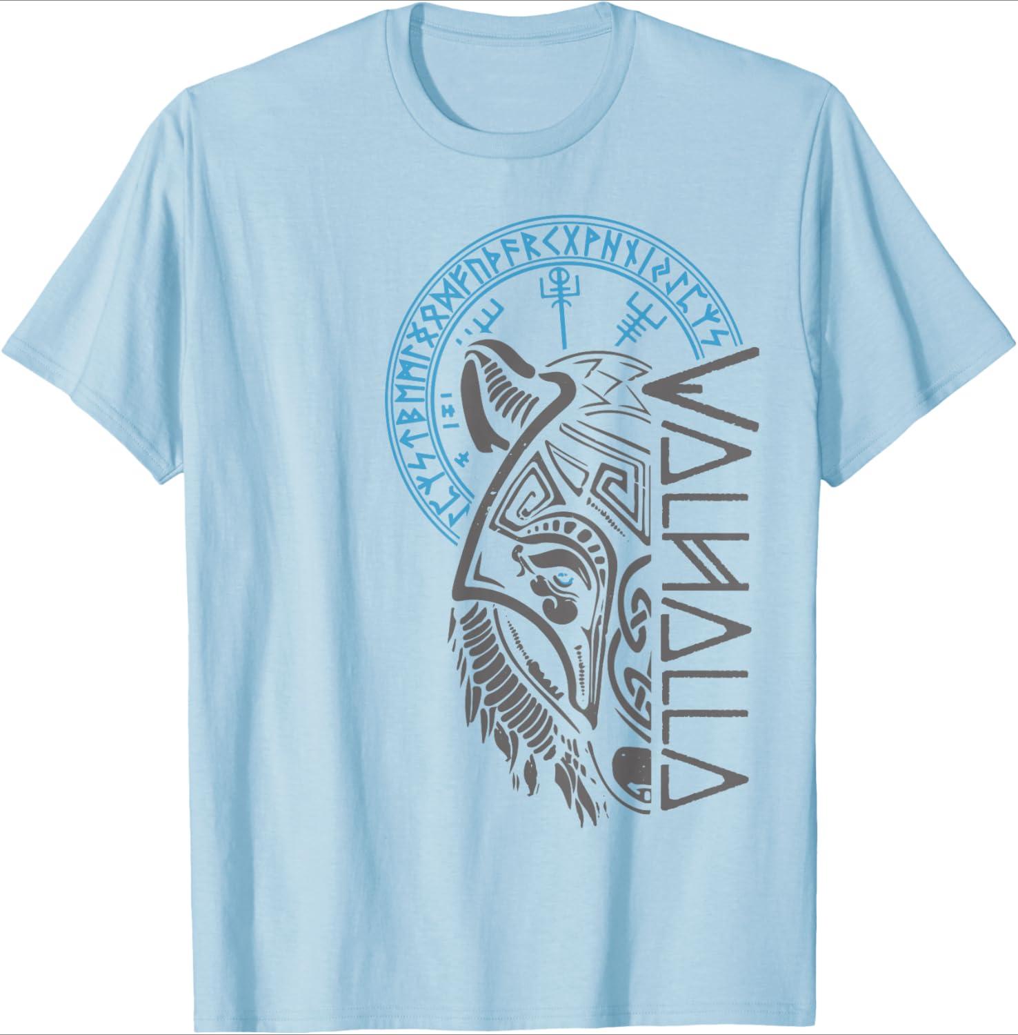 

Valhalla Wolf Mask Runes Norse Compass pattern design-100% cotton summer O-neck short sleeve casual printed men s T-shirt. 4XL