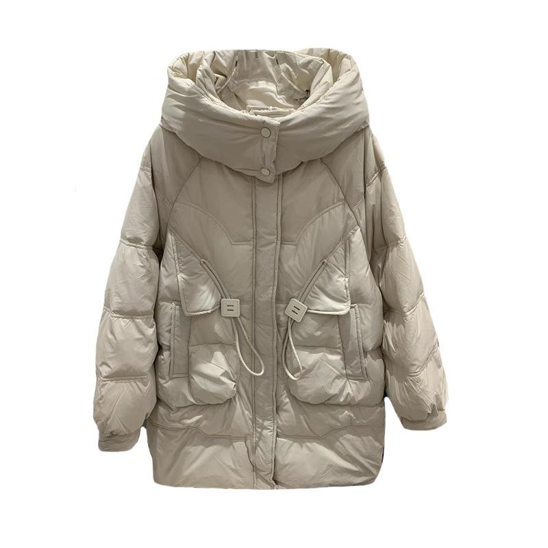 Square buckle down jacket women's medium length 2024 winter new hooded thickened loose white duck down warm jacket tide