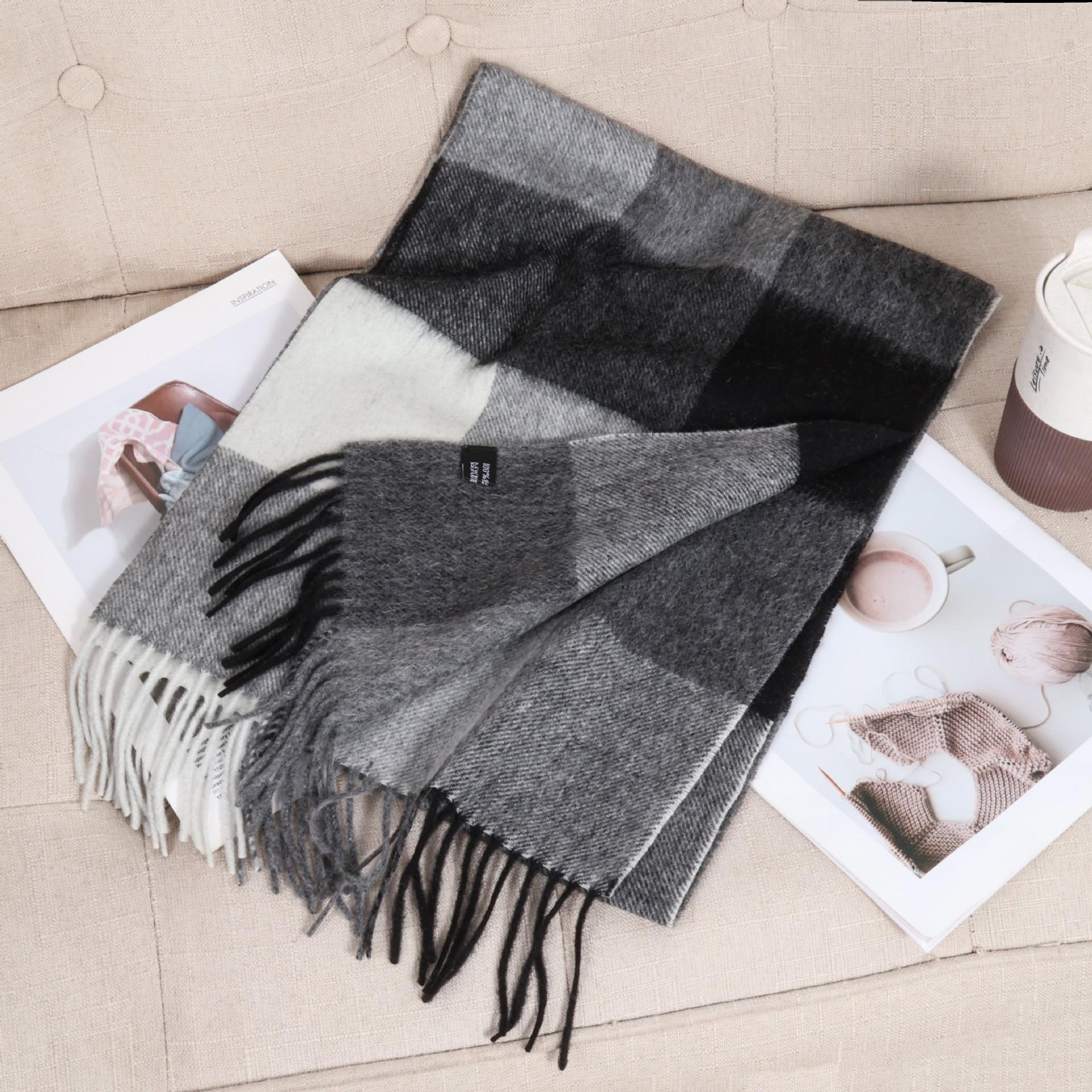 

Fashion pure wool plaid velvet scarf British fringed scarf autumn and winter men s couple simple shawl to keep warm 30*175CM