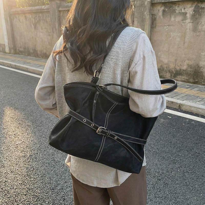 Womens Casual PU Leather Tote Bag Belt Buckle Detail Stitch Accent Large Capacity Minimalist Daily Bag for Commute Travel Everyday Use Durable