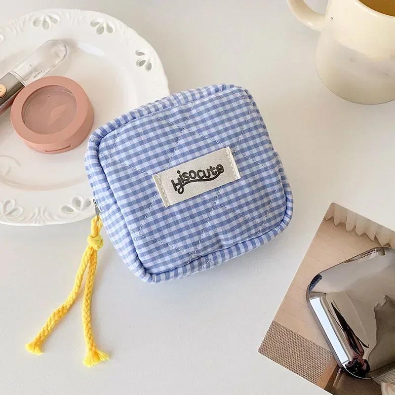 Mini Plaid Makeup Bags Headphone Key Lipstick Storage Bag Minimalist Checkered Cosmetic Bag Makeup Pouch Small Zipper Coin Purse