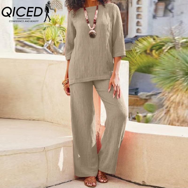 

QICED Большой размер Женский однотонный винтажный брючный костюм Хлопок Лен Повседневный Длинный рукав Свободный Хлопковый костюм XL хаки
