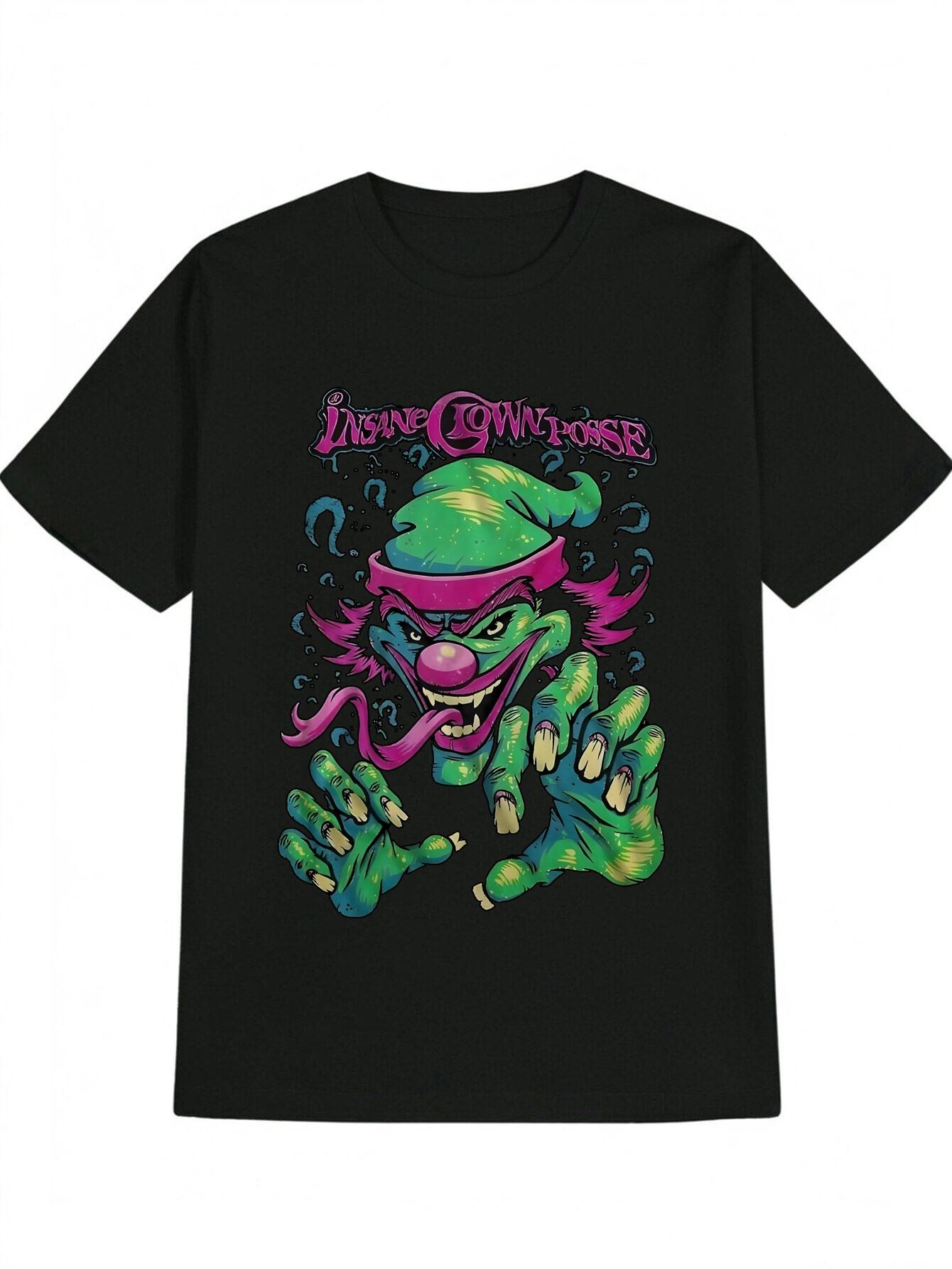 Casual Crew Neck T-shirt with Unique Green Cartoon Character Print M