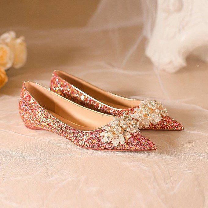 Premium Sense Crystal Diamond Red Xiuhe Dress Wedding Shoes Flat-soled Bride Shoes Women's 2025 Spring and Autumn New Low-heeled Single Shoes