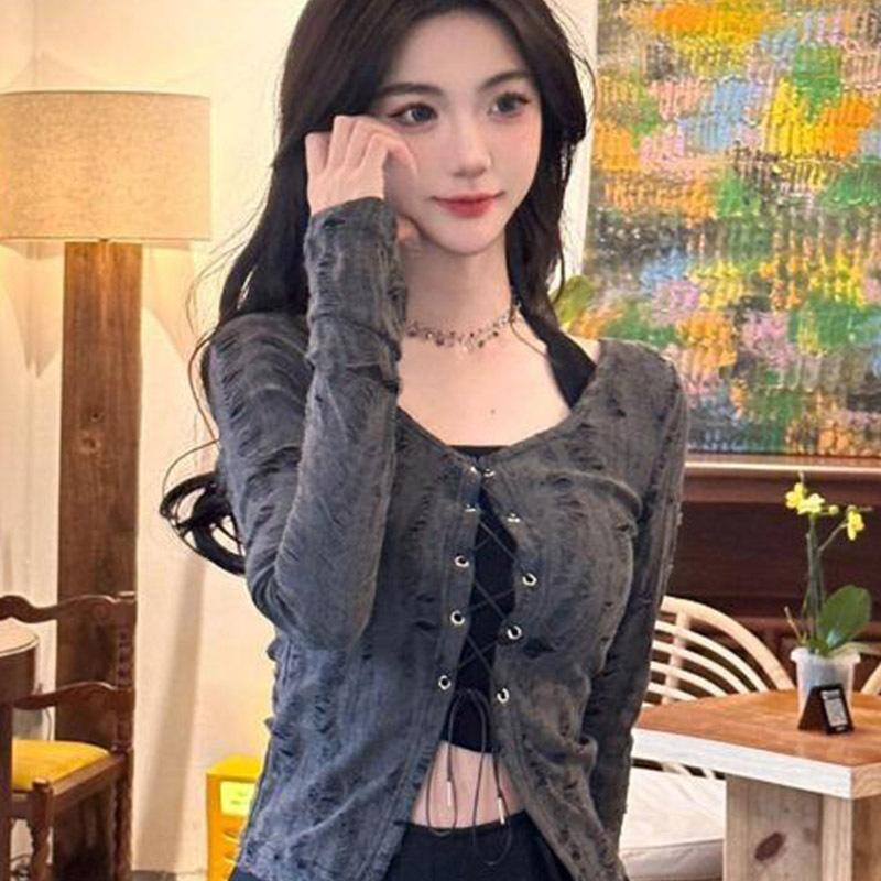 Wasteland wind fake two-piece neck strap slim long-sleeved T-shirt dark cool sa hot girl top women