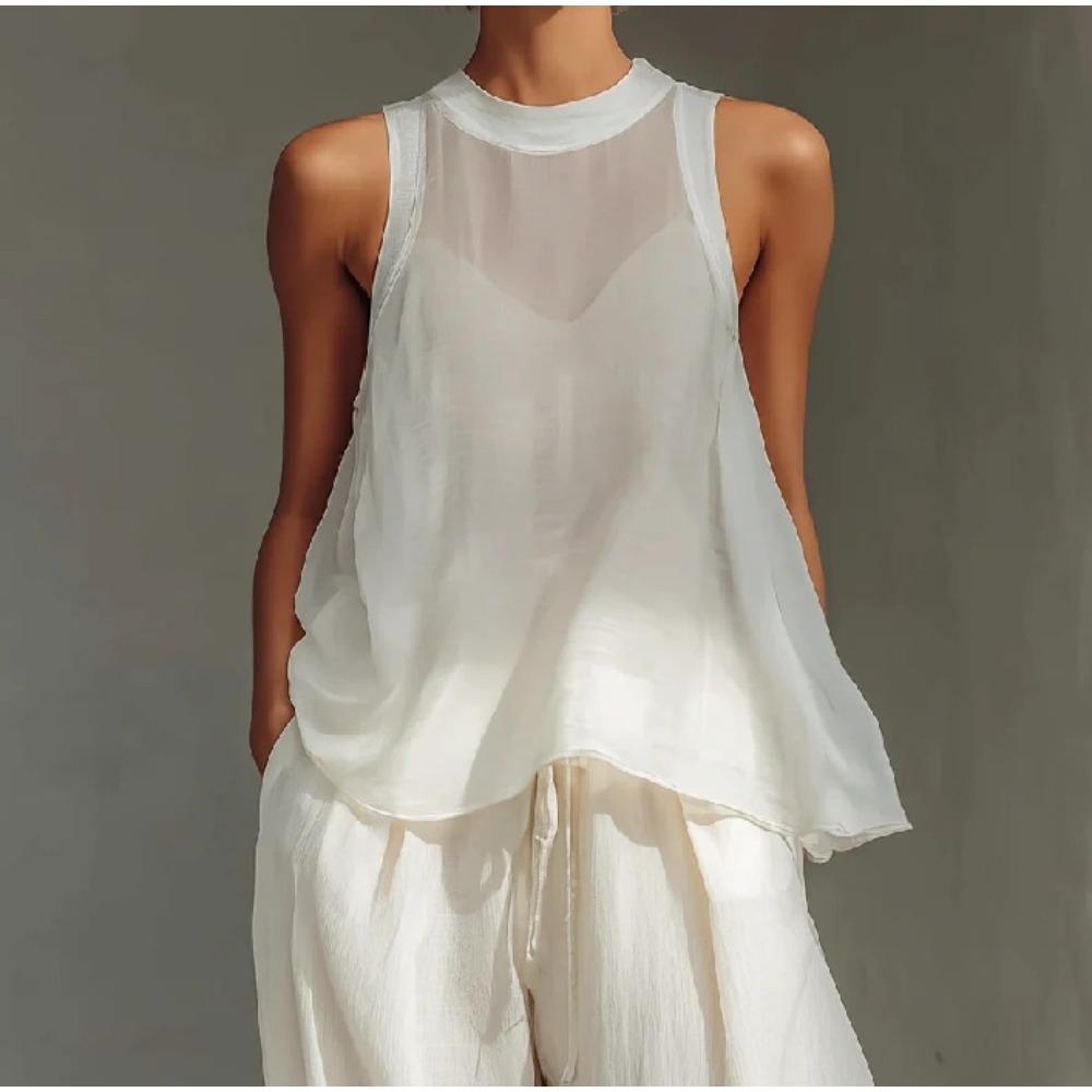 Women's Loose Fit Two-Piece Set Sleeveless Top High Waist Wide Leg Pants