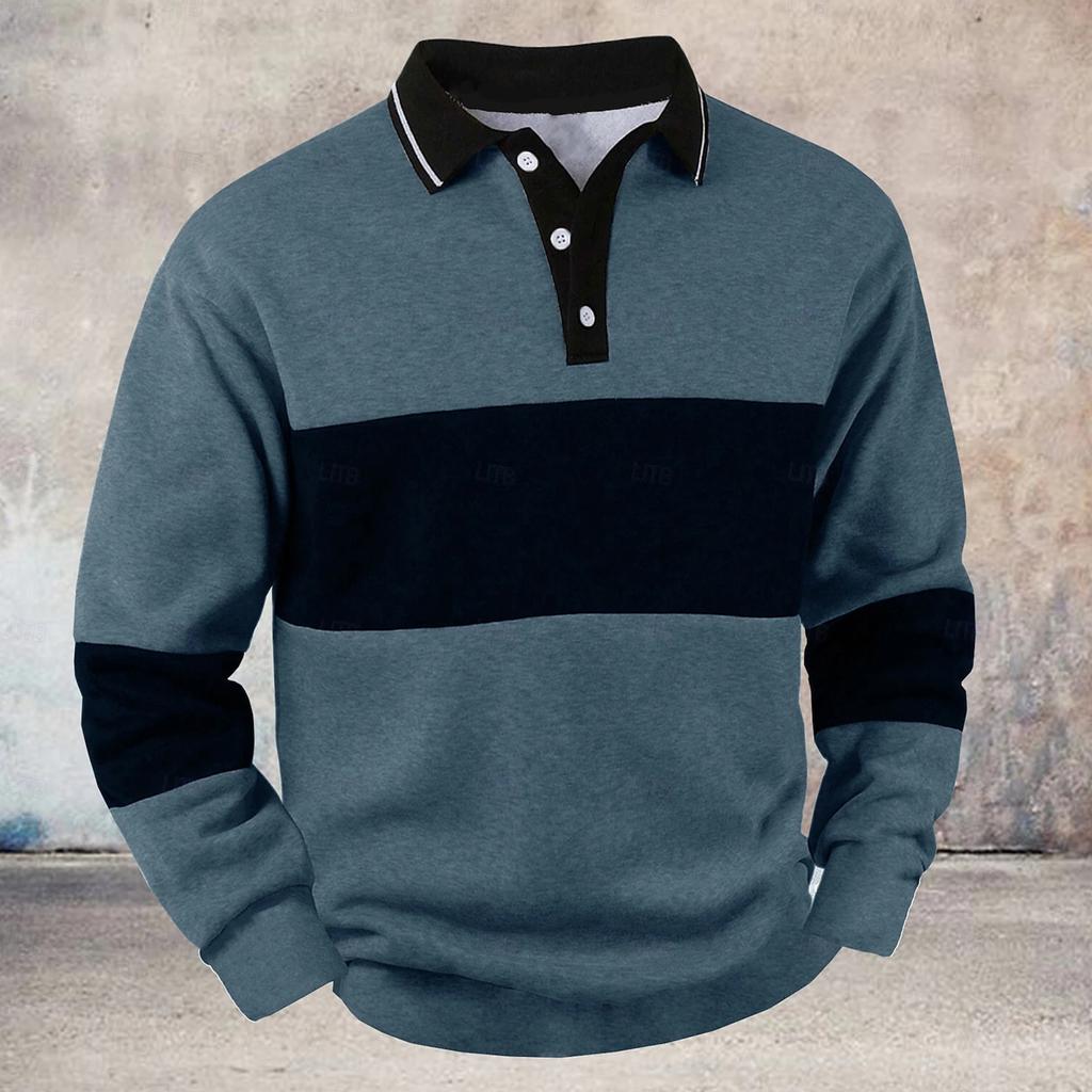 Men's Casual Loose Colorblock Print Lapel Button Long Sleeve Top