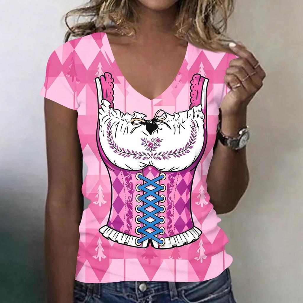 Women's Casual V Neck Short Sleeve T Shirt Oktoberfest Print Top Lightweight Comfortable Summer Tee for Everyday Wear