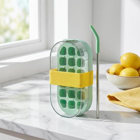 Eiswürfelbecher mit Ein-Knopf-Eiswürfel-Entformung 2-in-1 Eiswürfelform und auslaufsichere Wasserflasche für Eiskaffee Cocktails Säfte