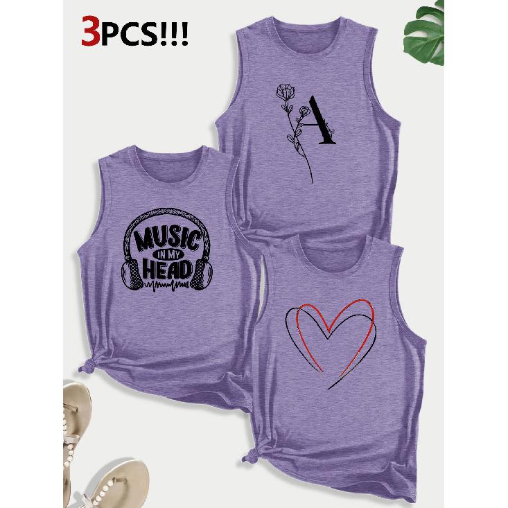 Music-themed Letter and Heart Combination Gift Print Pattern Round neck3Pack of Sleeveless Vests for Women In Spring, Summer, and Autumn