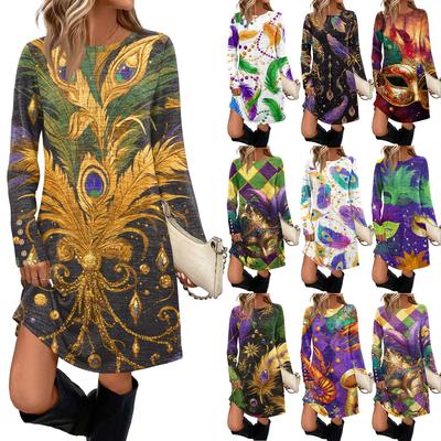Damenmode Freizeitkleid mit Taschen, Zierknöpfen, Karnevalsprints, Rundhalsausschnitt und langen Ärmeln
