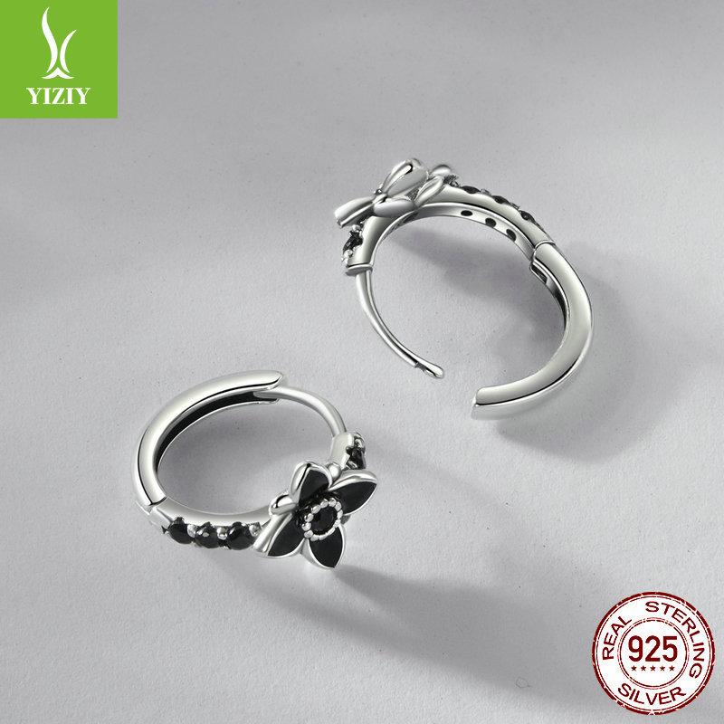 Mysterious Night Flower Ear Buckle, Glamour S925 Sterling Silver Black Flower Earrings Earrings