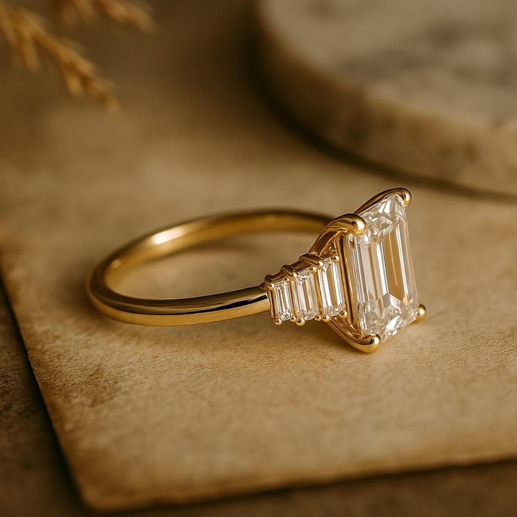 Emerald Cut Cubic Zirconia Engagement Ring with Baguette CZ Accents – Yellow Gold Plated 925 Sterling Silver Bridal Wedding Jewelry Gift for Her