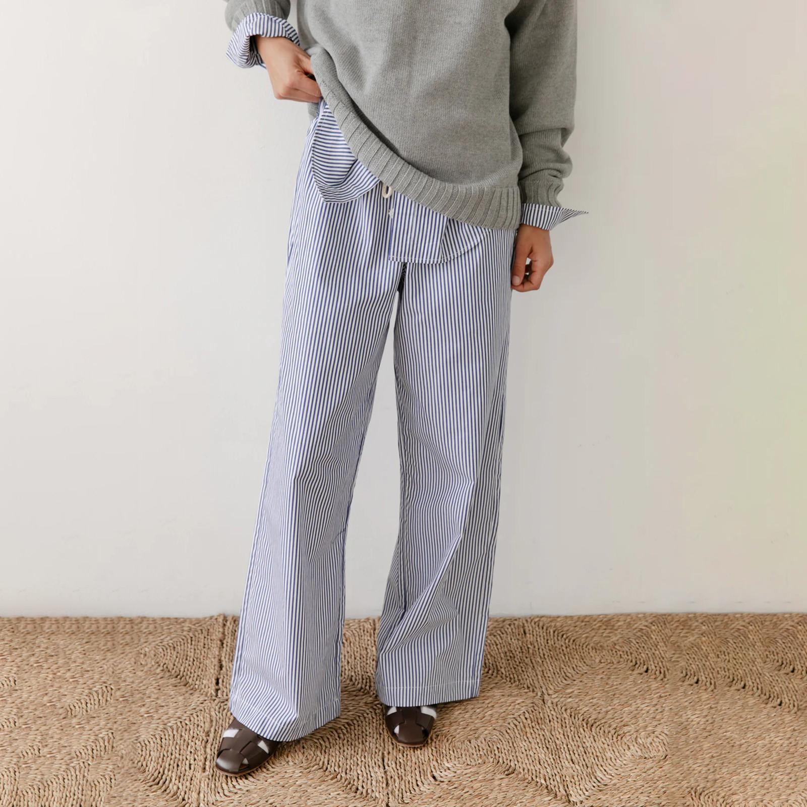 

Женские полосатые брюки с завязками, широкие брюки с высокой талией, повседневные свободные прямые спортивные штаны L синий