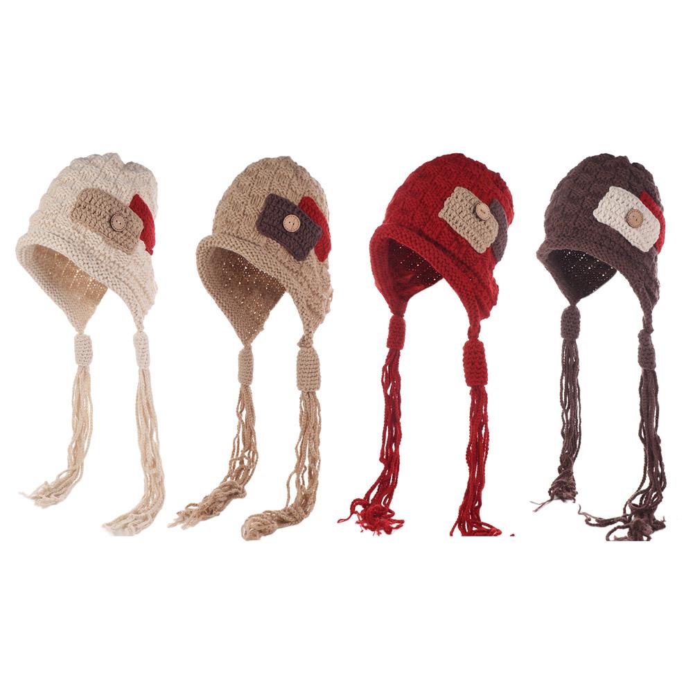 Keep Warm Crochet Lei Feng Hat Button Ear Protection Hat Casual Knitted Hat with Long Tassels  Girl