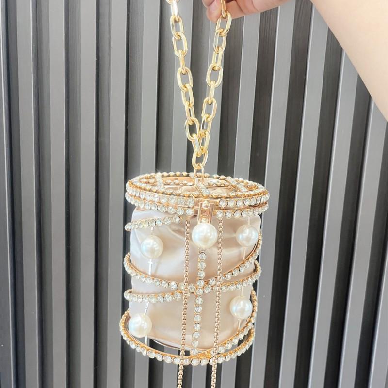 Luxury Design Banquet Bag Women Pearl Rhinestone Shiny Chain Cylindrical Shape Handbag Ladies Fashion Elegant Metal Bucket Bags