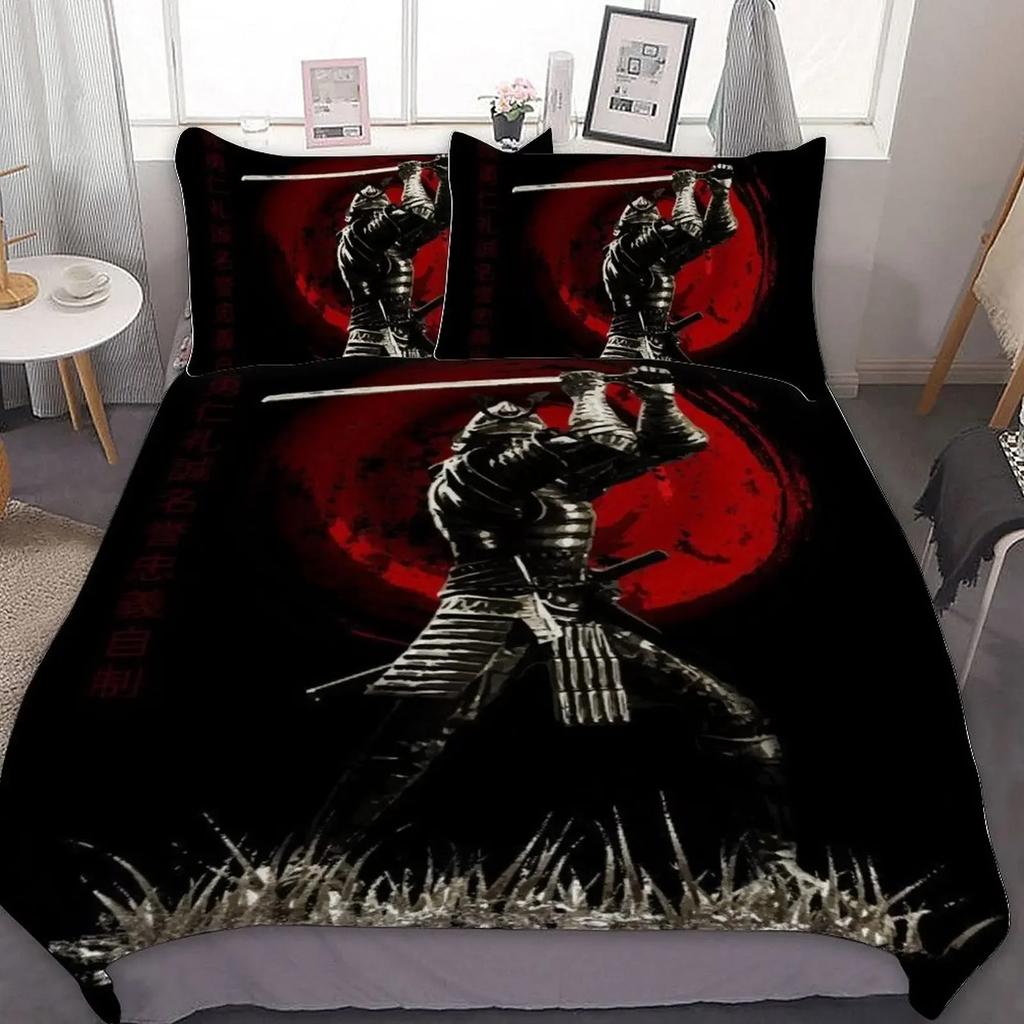 Set Letto Samurai Giapponese, Copripiumino con Siluetta di Edificio Paesaggio Tramonto Giappone per Uomini Adolescenti, Nero Rosso