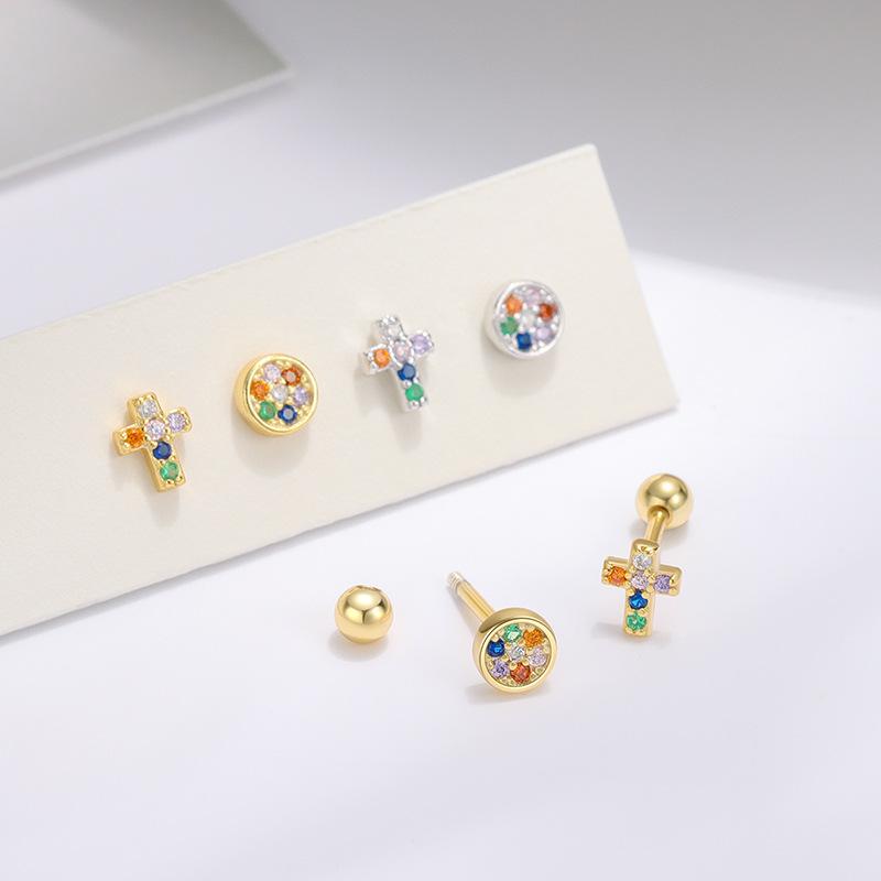 S925 Sterling Silver Asymmetrical Colorful Zircon Cross Screw Earrings for Women Simple Fashionable Earrings