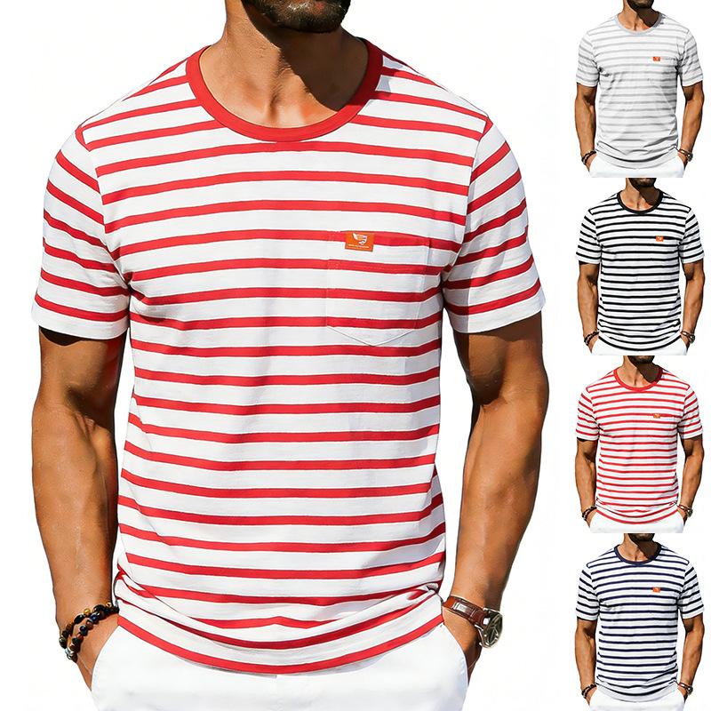 Men’s Summer Striped T-shirt: Loose-fit, Vintage-style, Commuter-friendly, Relaxed, Minimalist, Casual, Round-neck, Short-sleeved Top