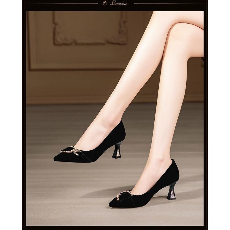 Black pointed high heels women's spring and autumn mid-heel new temperament shallow mouth professional work shoes single shoes women