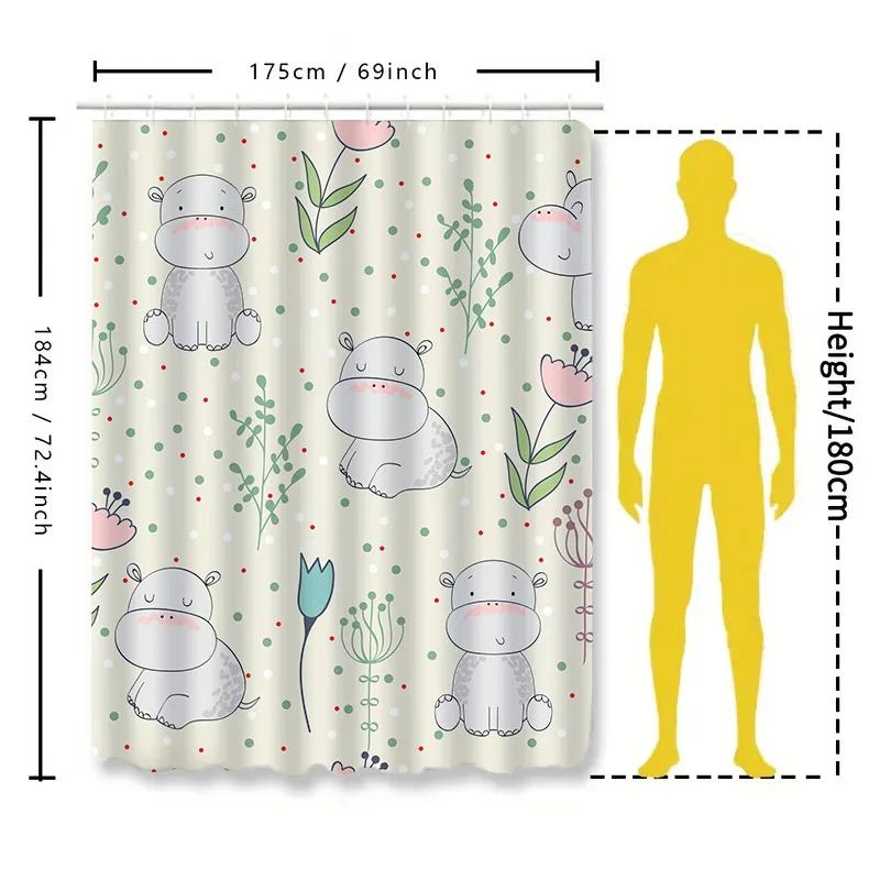 Adorable Hippo Family Shower Curtain Neutral Colors With Greenery Flowers For Bathroom Decorations Set Inclusive