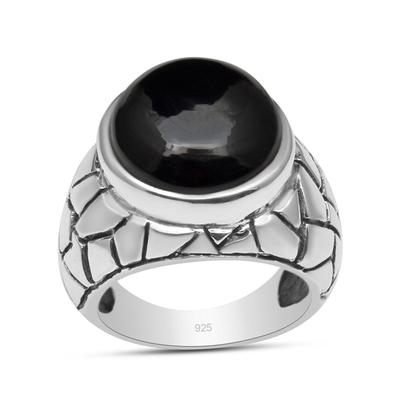 Anello di dichiarazione Anello da uomo con gambo largo inciso a mano in argento sterling 925 con onice nero naturale