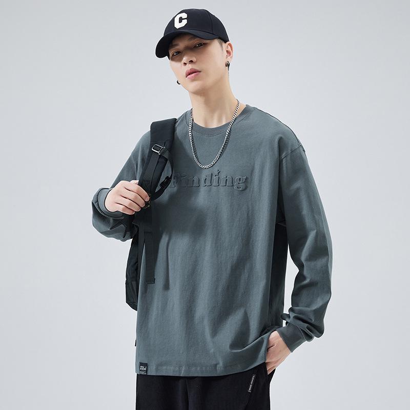 Męski T-shirt z długim rękawem z grubej bawełny - Biały z okrągłym dekoltem, nadruk stalowy, luźny krój, kolekcja jesienna