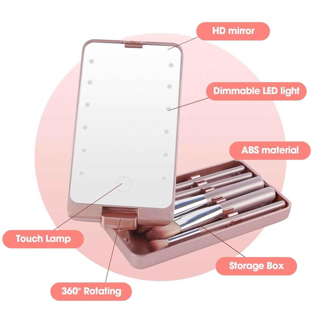 Oglindă LED pentru Machiaj cu Lumini, Set Mini de 5 Pensule, Oglindă de Călătorie Rotativă la 360°, Kit Cosmetic Portabil pentru un Machiaj Perfect în Deplasare