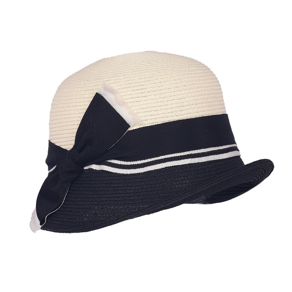 Women Sun Straw Hat Cloche Derby Hat1920s Vintage Bucket Hat with Bow Accent Foldable Packable for Beach Vacation