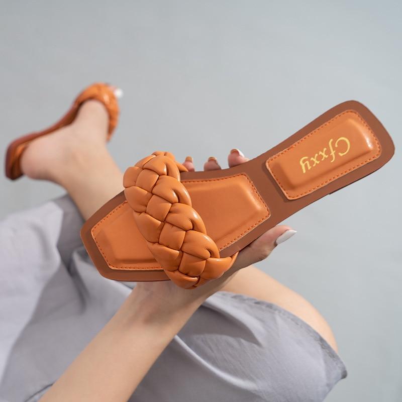 2020 Woven Slippers Women Slip On Slides Fashion Brand Square Toe Leather Flat Sandals Female Outdoor Casual Slippers Flip Flops