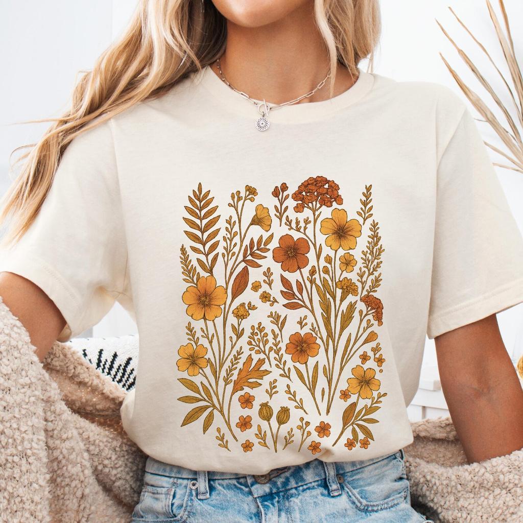Autumn flowers t-shirt, boho floral shirt, botanical women's Tee, vintage Fall Wildflowers Shirt, cottagecore plants tee for nature Lovers