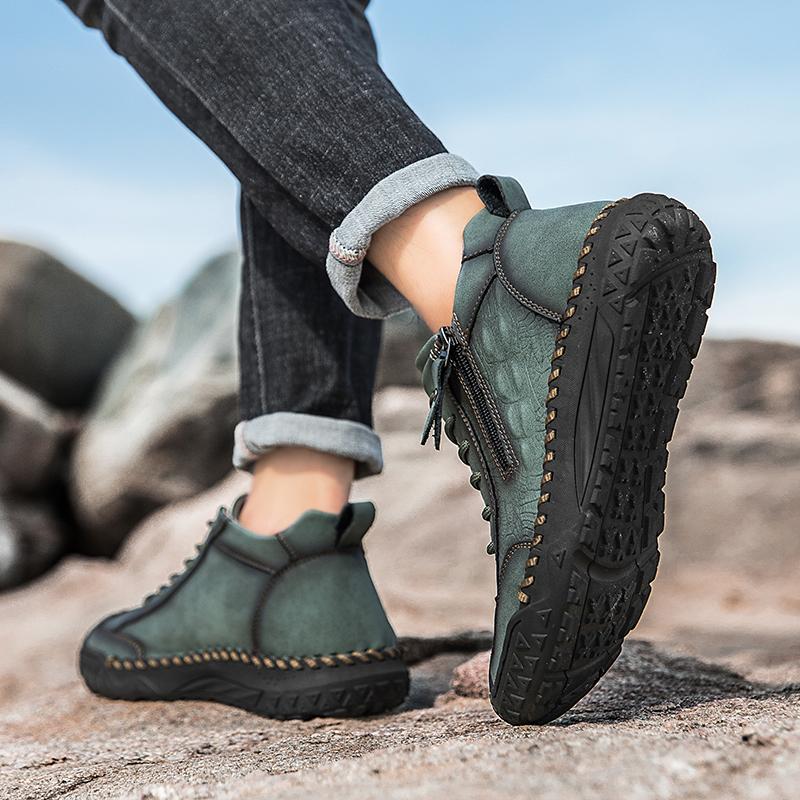 Fashion Mens Leather Casual Loafers Solid Color Sewing Style Vintage Hand Stitching Oxfords Shoes Ankle Boots Daily Work Office Shoes
