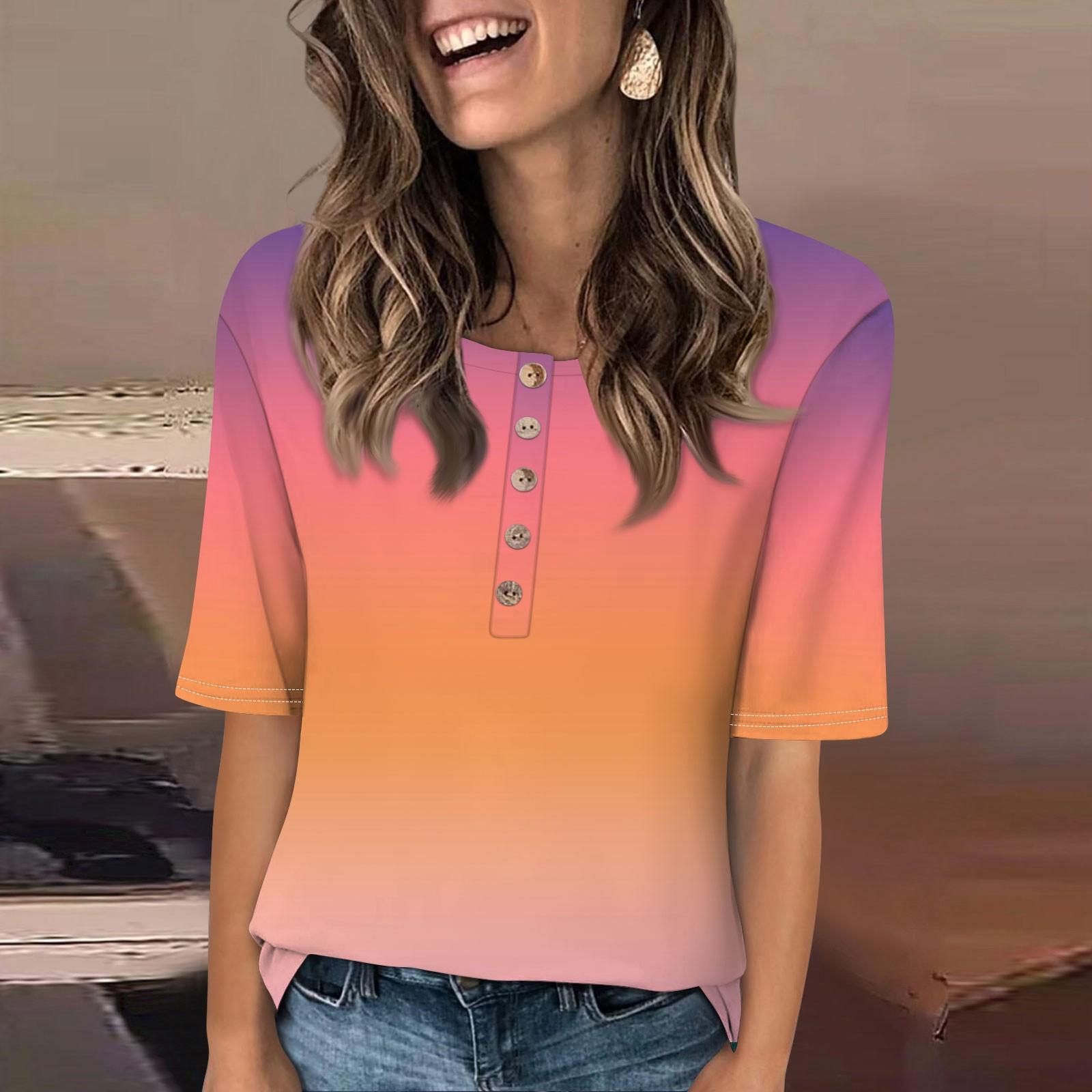 

Женский свободный повседневный топ с круглым вырезом и принтом в градиентном стиле на пуговицах и короткими рукавами XL шафрановый