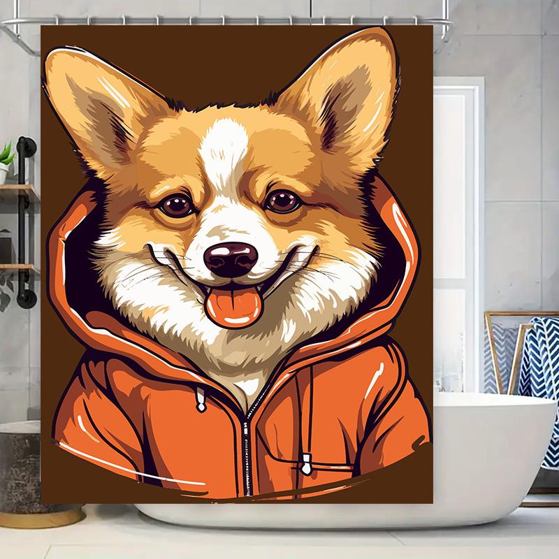 Adorable Corgi Hoodie Shower Curtain Cute Dog Wall Art for Bathroom Decor Modern Cartoon Pet Design (Brown Background) 90x180cm