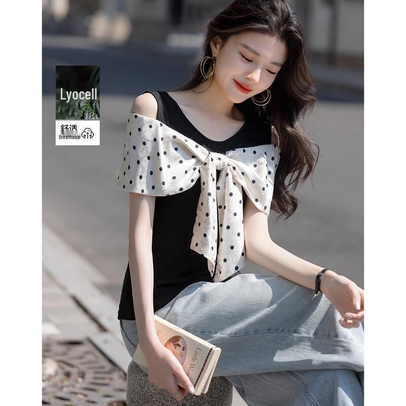 Demana Polka Dot Bow Off-Shoulder T-Shirt L
