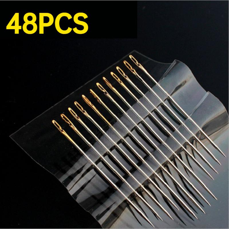12-48PCS Side Hole Blind Sewing Needles Stainless Steel Self Threading Needle for Elderly Hand Sewing DIY Home Stitching Tool