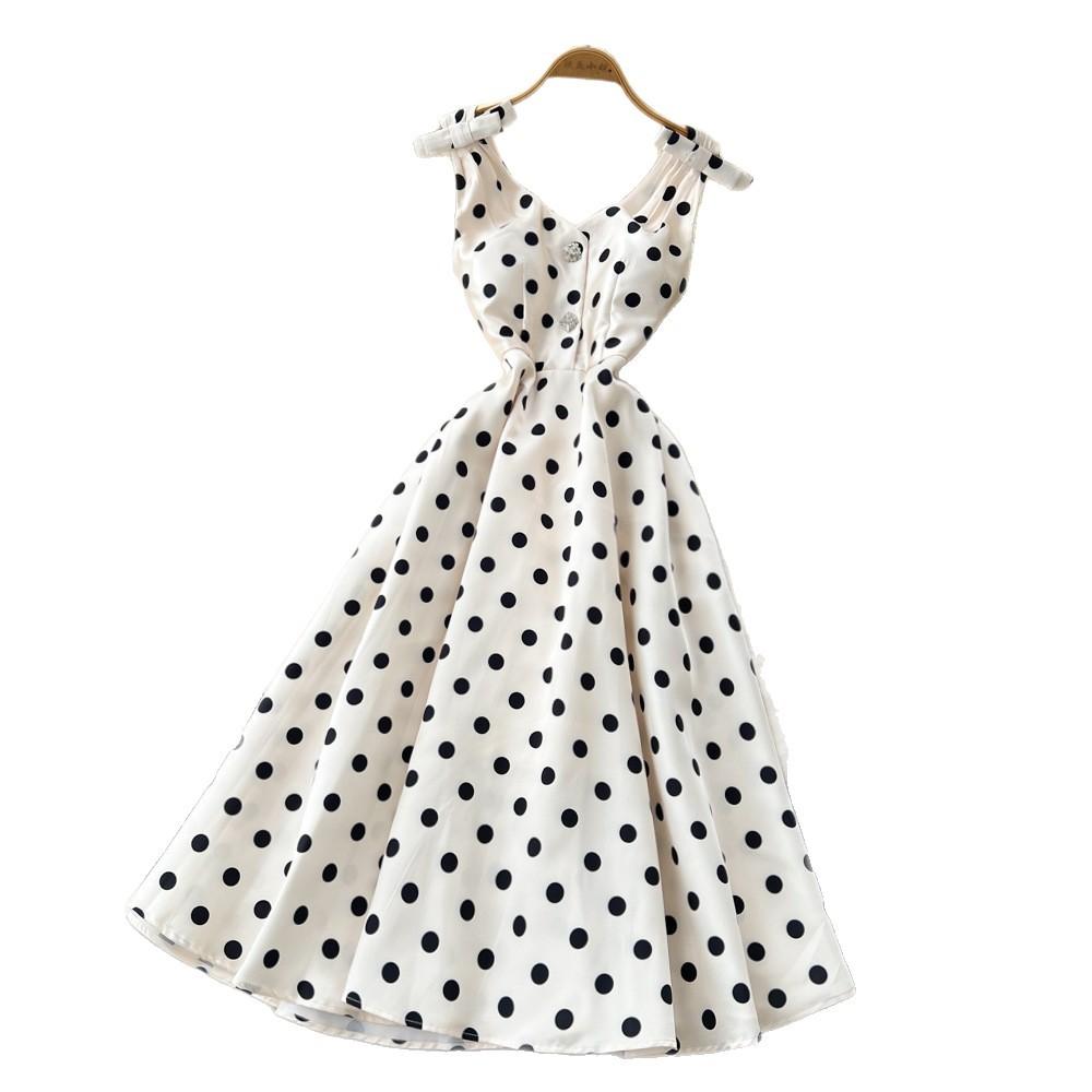 French high-end women's dress autumn socialite bow suspender waist pendulum polka dot puffy dress