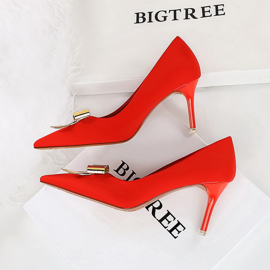 Women's Shoes with Thin Heels, High Heels, Silk, Shallow Mouth, Pointed Metal Bow, Single Shoe