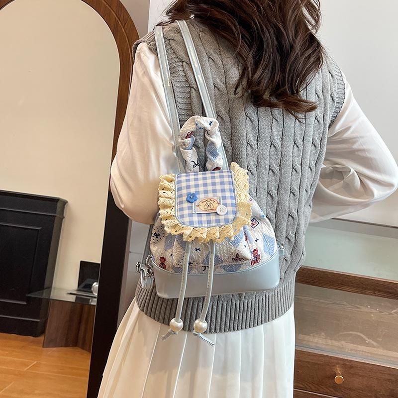 Korean Lace Plaid Small Backpack Bag for Women 2025 New Trendy Summer Leisure Student Commuting Large-capacity Backpack