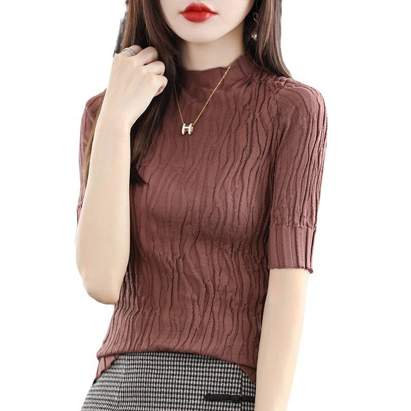 Women's Slim Fit Mid-Sleeve Knitted Shirt - Soft Half Turtleneck for Early Autumn 2024